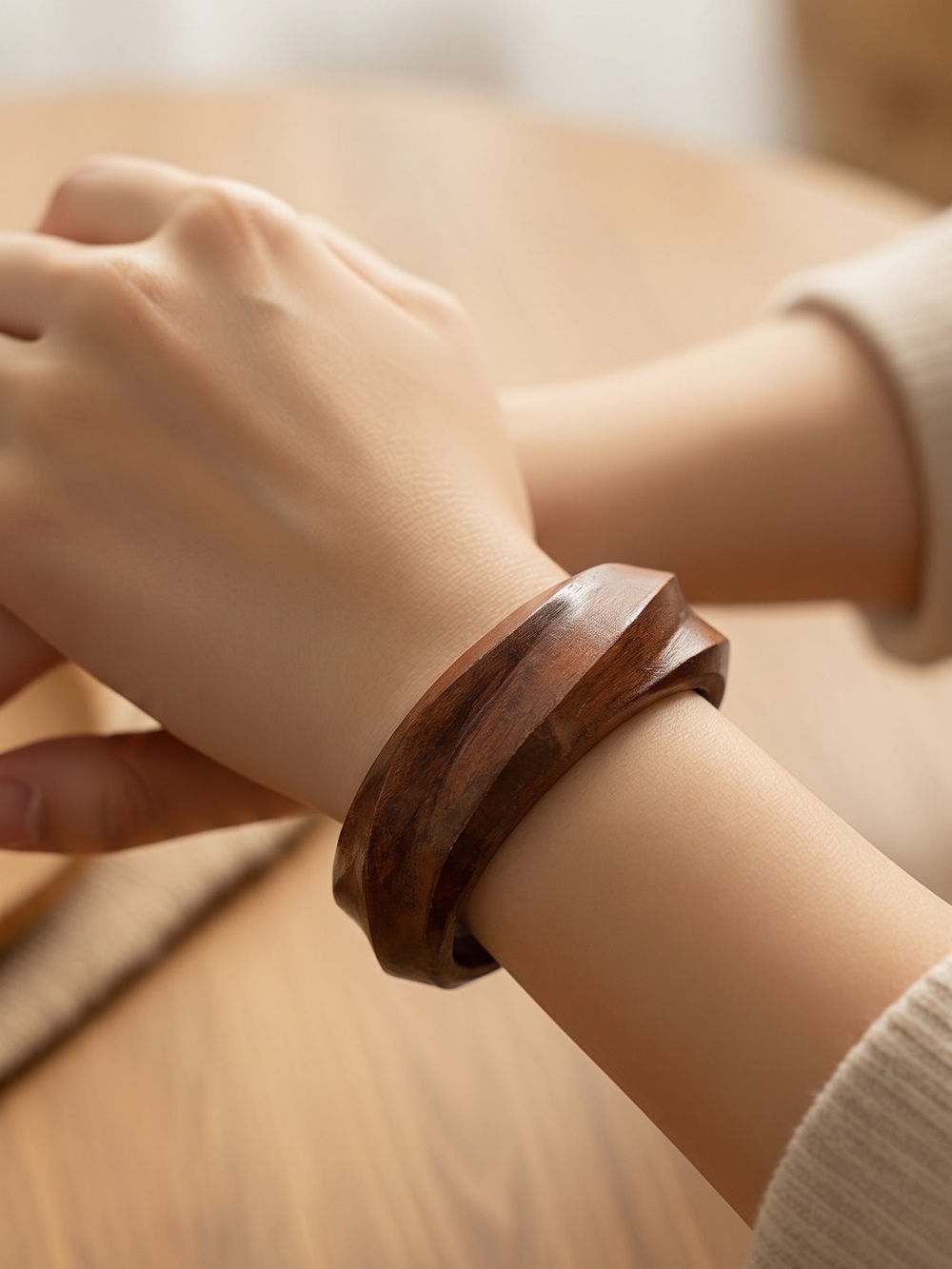 Brown Curved Heavily Grained Wooden Bangle Bracelet Boho Artsy Women’s Country